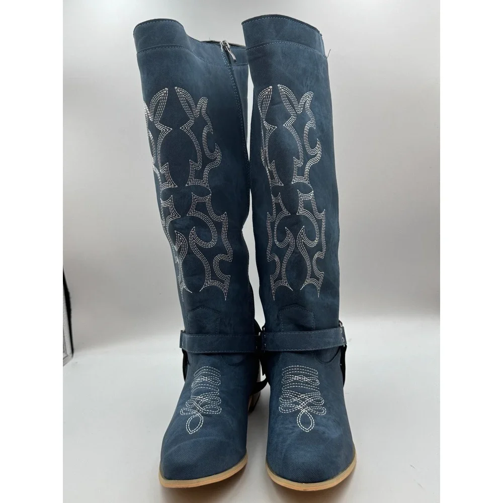 Blue Denim Embroidered Western Knee High Boots Harness Detail Tall Zip Up